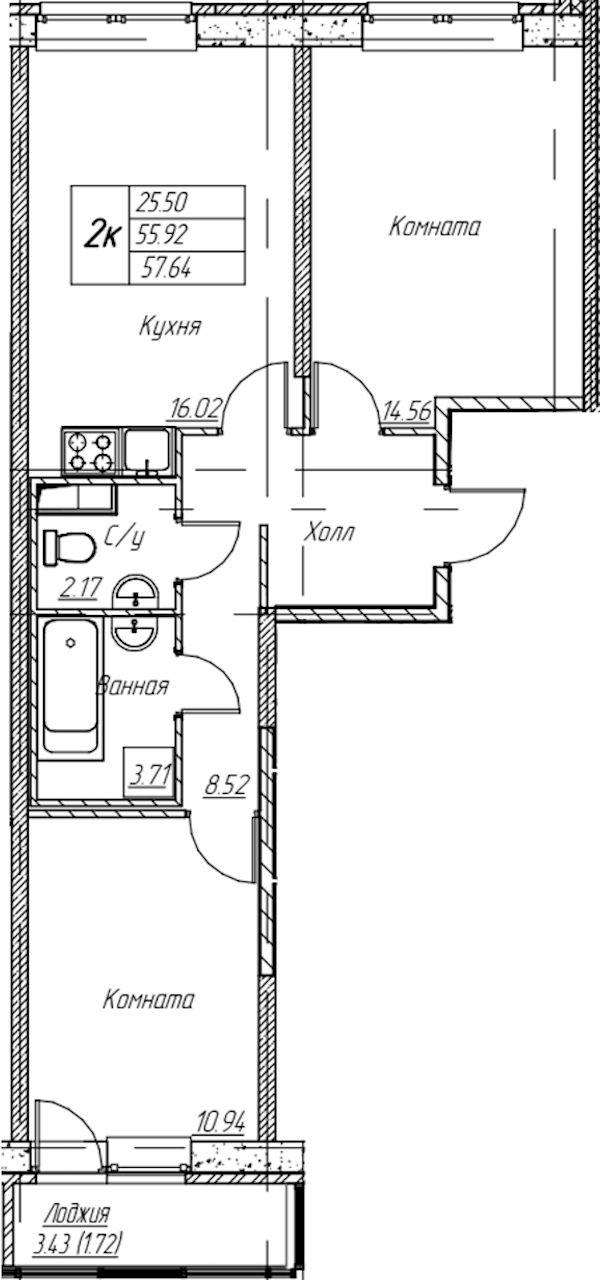 2-комнатная квартира 57.64 м², 2/22 эт., ЖК «Парк-квартал Юнтолово»